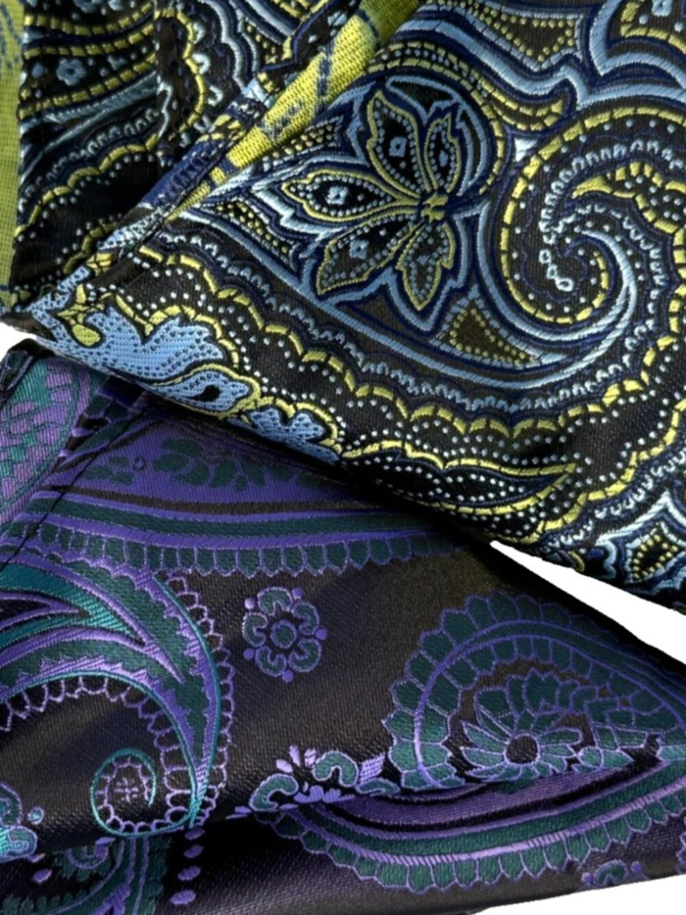 LOT OF 2 PURPLE GREEN PAISLEY 100% SILK WOVEN POCKET SQUARE HANDKERCHIEF MENS